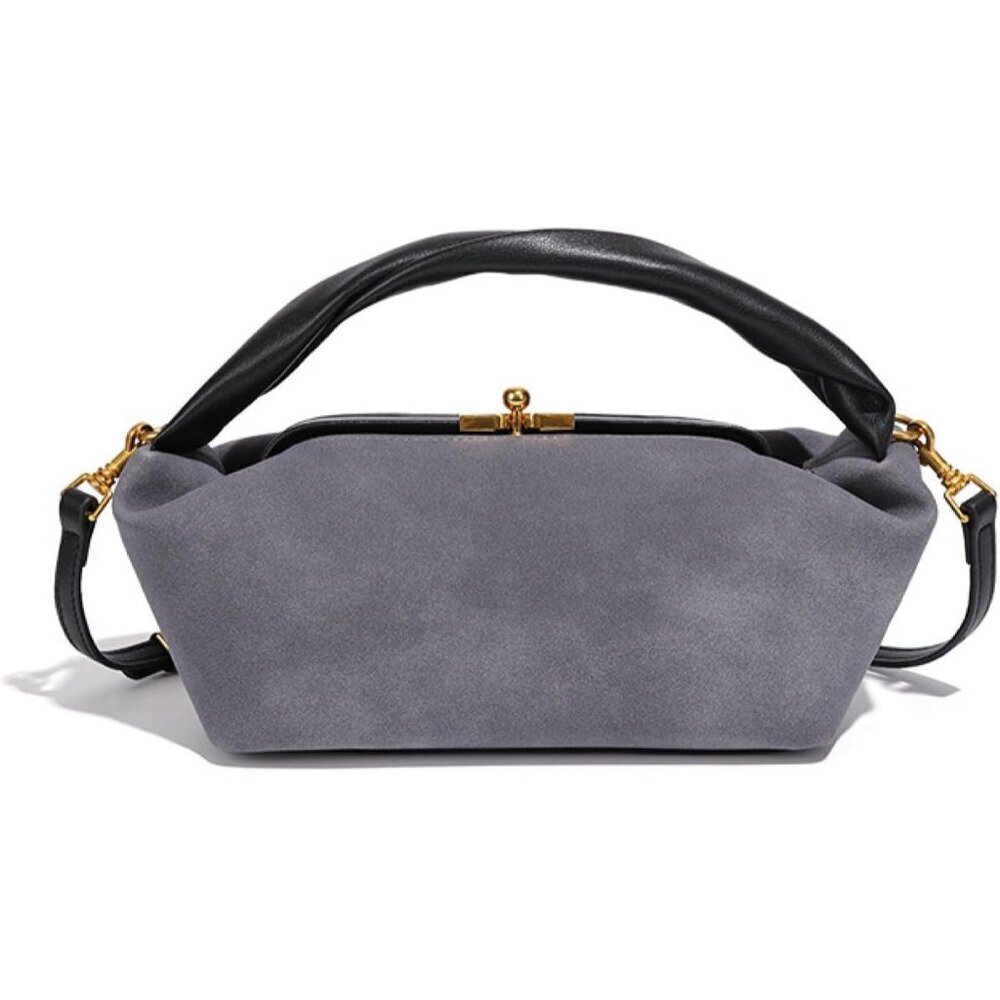 Women's Warm Gray Faux Suede Vintage Slouchy Soft Satchel Kiss Lock Hobo Handbag